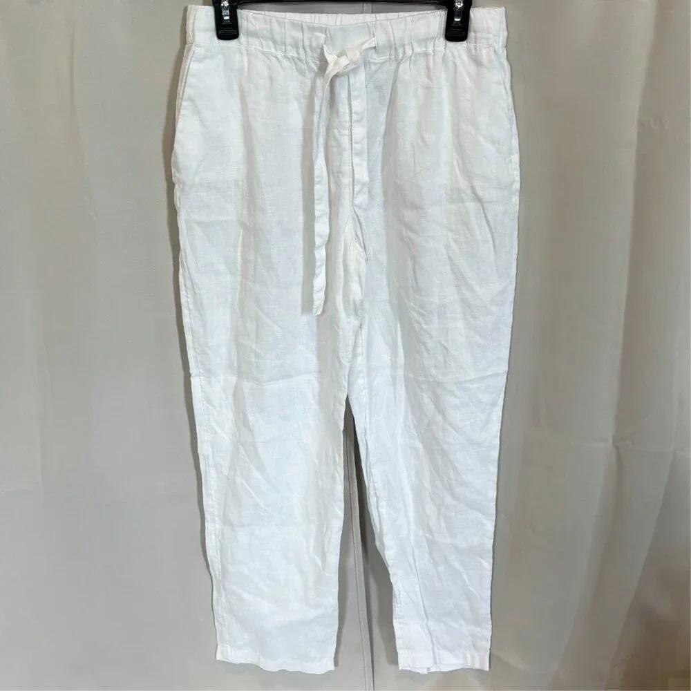 Mango Linen Pants Small White Pull On Lagenlook Clean Girl Beachy Coastal 18625x